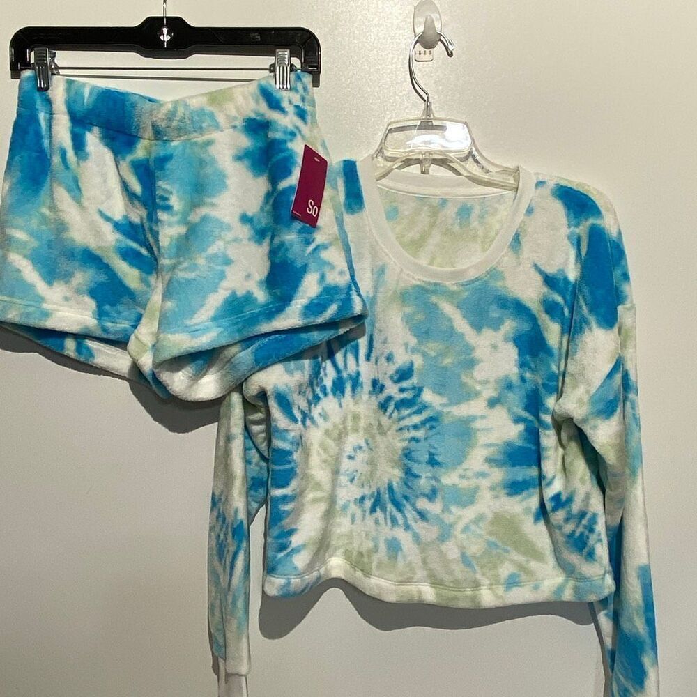 SO Plush Short Sleep Set Blue Tie Dye Fleece Pajamas ZG14P002F6 Small‎ NEW